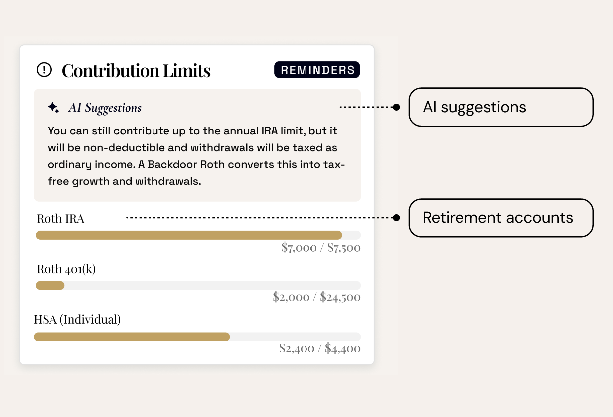 OptiTax contribution limits screen with AI suggestions and retirement accounts